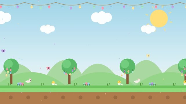 Adorable 2D side-scroller game background featuring a spring Easter landscape with colorful eggs, cute bunnies, green trees, hanging garlands, a bright sun, and rolling hills in flat vector art style