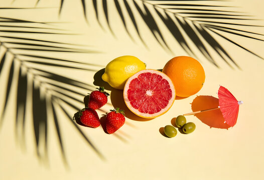 Fresh tropical fruits and cocktail umbrella under palm shadows on yellow surface