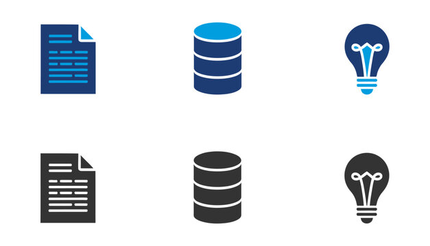 Data management and innovation icons documents databases and ideas in color and monochrome