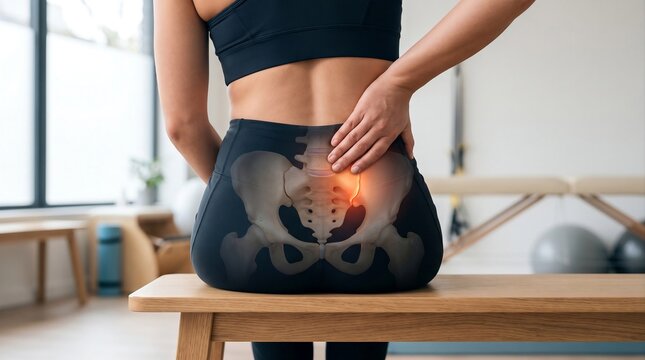 Woman Suffering from Sacroiliac Joint Pain with Pelvis Anatomy Highlight in Lower Back