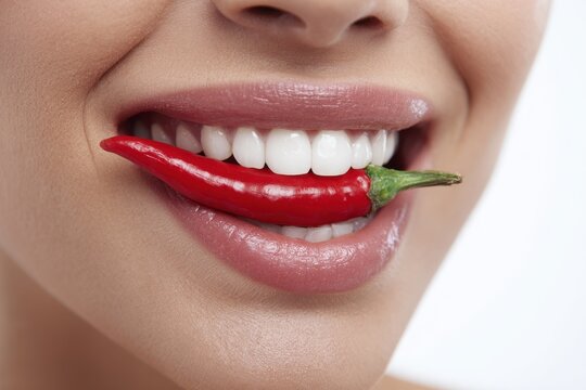 Woman biting red chili pepper with white teeth vegetable capsicum culinary sensation expressive close-up portrait nutrition ingredient gastronomy womanhood expression lifestyle