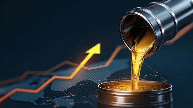3D conceptual render of polished chrome fuel nozzle pouring golden oil stream diagonally. Background shows glowing amber-gold energy graph with sharp upward spikes ending in arrow. Dark blue 
