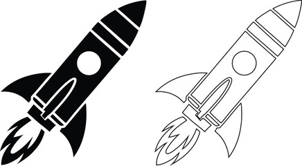 Vector set of retro rocket ship launch icons flying upward in solid black silhouette and linear outline styles © Nasima