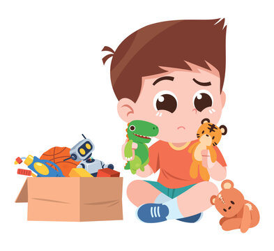 Little Boy Sorting Old and New Toys Donation and Organization Cartoon Illustration
