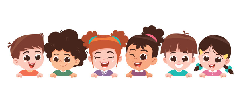 Cute Diverse Children Faces Collection Smiling Kids Cartoon Avatar Set Illustration