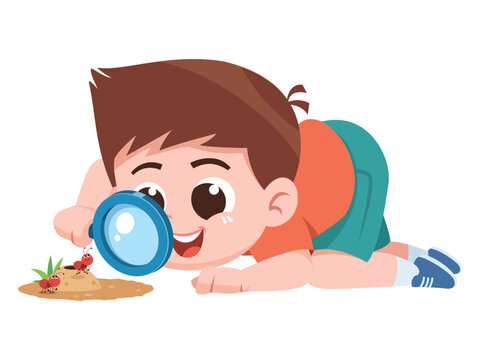 Curious Little Boy Observing Ants with Magnifying Glass Cartoon Science Illustration