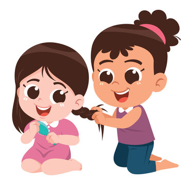 Little Girl Braiding Friend's Hair Friendship and Grooming Cartoon Illustration