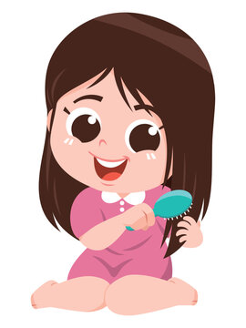 Happy Little Girl Brushing Hair by Herself Healthy Hygiene Routine Cartoon Illustration