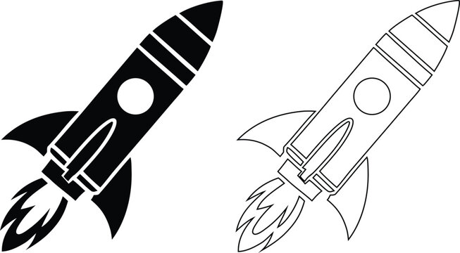 Vector set of retro rocket ship launch icons flying upward in solid black silhouette and linear outline styles