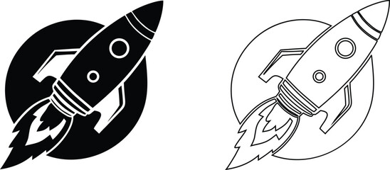 Vector set of rocket ship launch icons flying in front of planet in silhouette and outline styles © Nasima