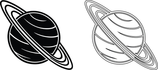 Vector set of Saturn planet icons with planetary rings in solid black silhouette and linear outline styles © Nasima