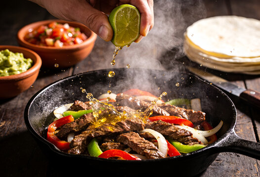 Hand squeezing fresh lime juice over sizzling beef fajitas in a cast iron skillet