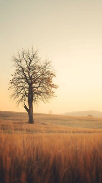 Serene landscape photograph of a single lonely tree in a golden wheat field during a warm sunset