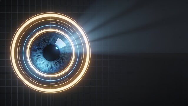 Stunning 3D illustration of a realistic blue human eye inside golden scanning tech rings, suitable for biometrics identity check, visual verification, and future AI security.
