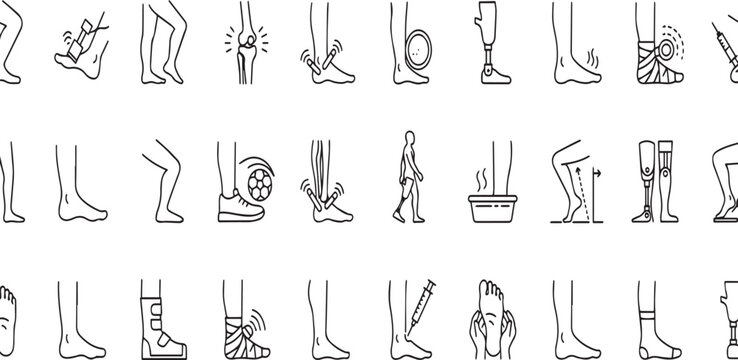 Collection of medical icons depicting various leg injuries conditions and treatments with simple illustrations