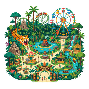 Tropical Jungle Theme Park Vector Illustration with Rides and Attractions