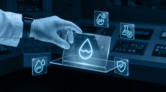 Futuristic Water Quality Analysis in a Modern Laboratory with Scientist Using Holographic Interface for pH Testing and Safety Control.