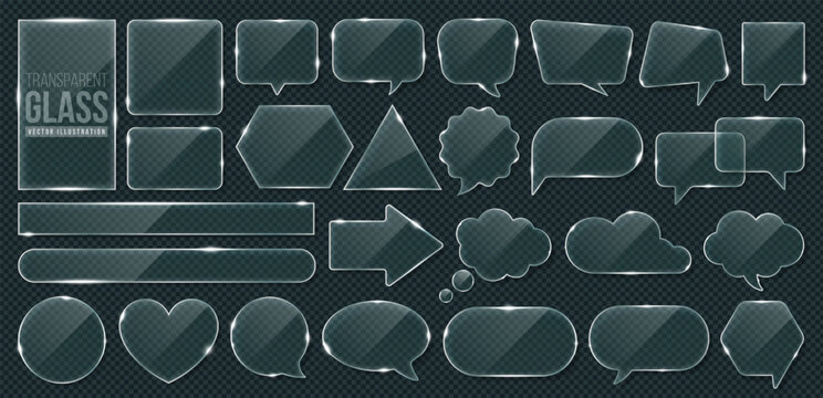 Transparent holographic speech bubble, glass frame, text message box and comic chat balloon collection for computer or mobile phone technology business. Crystal plastic arrow, cloud or star icon.