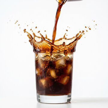 Refreshing cola being poured into glass with ice cubes creating splash.