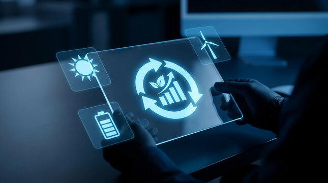 Green Energy Concept with Digital Holographic Interface for Sustainable Business Development and ESG Strategy Implementation in Modern Office Environment.