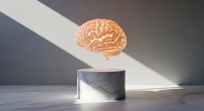 A glowing brain levitates over a marble podium, illuminated by sunlight