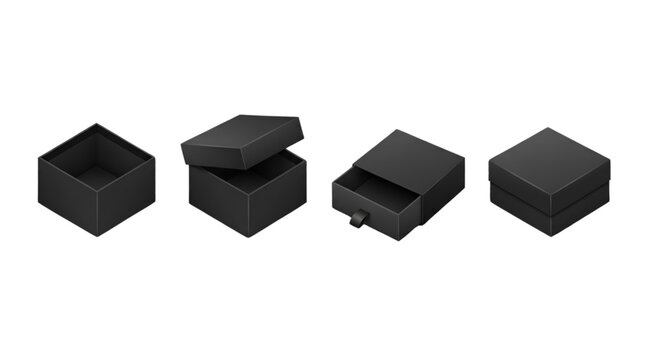 Luxury Black Gift Box Vector Icon Set with Open Closed and Drawer Packaging Views Isolated on Transparent Background for Premium Product Branding