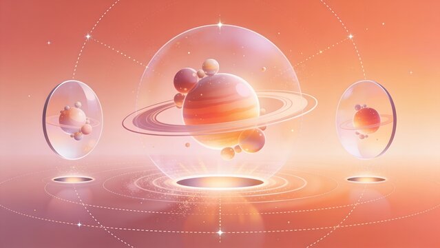 This aesthetic digital illustration features stylized space planets inside glass spheres. It is suitable for astronomy web headers, creative science articles, and futuristic graphic designs.