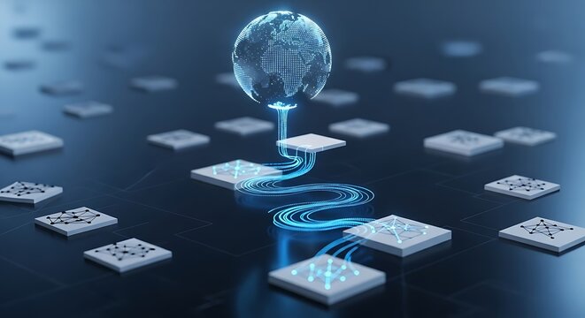 A glowing globe connected to a network of interconnected digital platforms