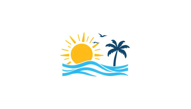 Sun over ocean waves with a palm tree and birds illustration