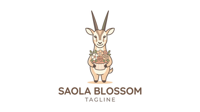 Adorable saola holding a bouquet floral shop logo design.