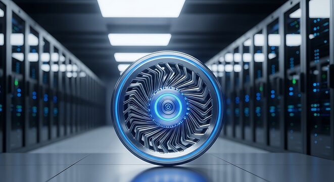 A glowing, futuristic fan element superimposed in a server room hallway