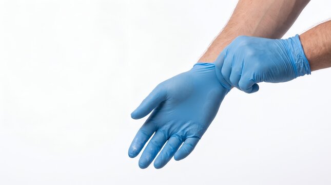 Person putting on blue nitrile medical gloves for hygiene protection