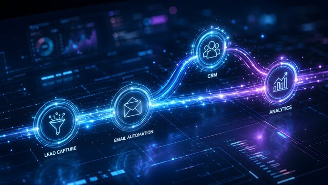 Streamlined Digital Marketing and Sales Automation Workflow with Lead Capture, Email, CRM, and Performance Analytics on a Futuristic Interface.