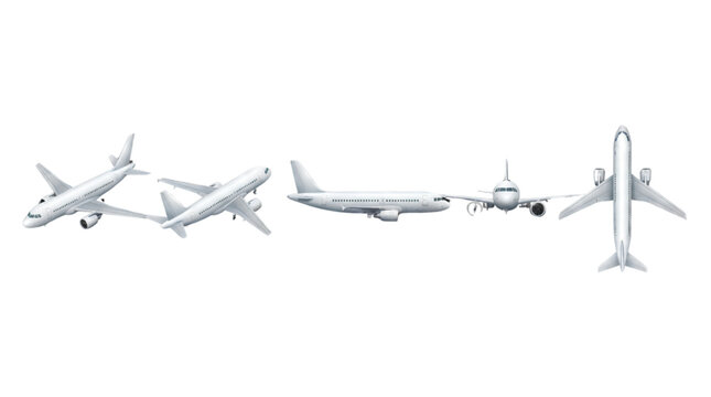 Realistic Commercial Passenger Airplane Vector Icon Set with Multiple Aircraft Views Isolated on Transparent Background for Aviation Travel and Transportation Design