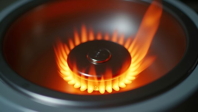 Close up of a gas stove burner with bright orange flames.