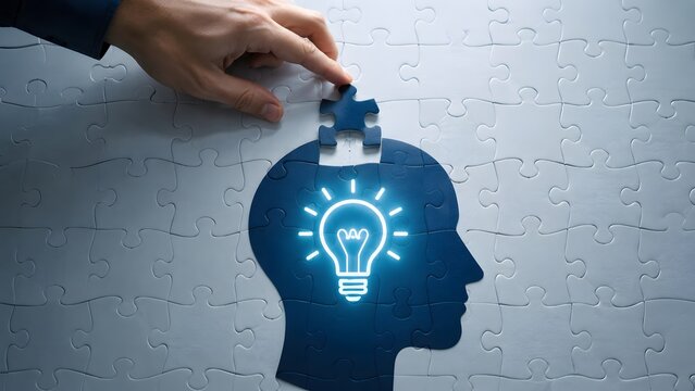 Unlocking a brilliant idea: hand completes human head puzzle, illuminating a glowing light bulb, symbolizing creativity and problem-solving.