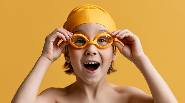 Excited boy wearing swimming goggles and a yellow cap against a vibrant background.