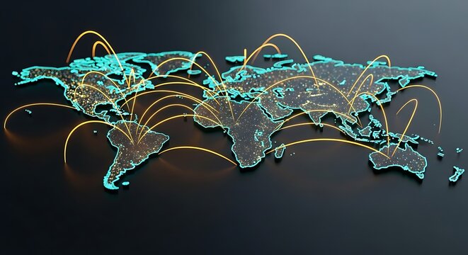A glowing world map highlights global connections with interconnecting light trails on a dark surface