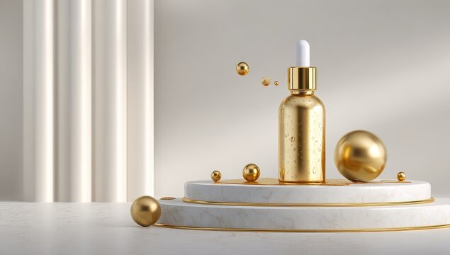 Luxury golden serum bottle on marble podium with floating metallic spheres for premium skincare presentation skincare cosmetic branding presentation cosmetics dermatology treatment