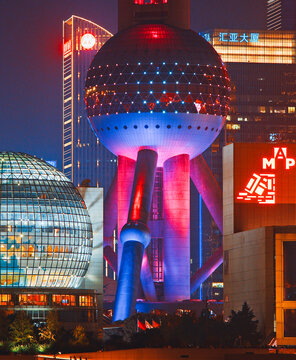 Close up of the illuminated spheres of the Oriental Pearl Tower, Shanghai.