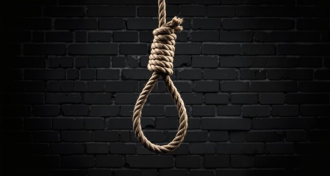 Hanging rope with loop on dark brick background. Suicide concept
