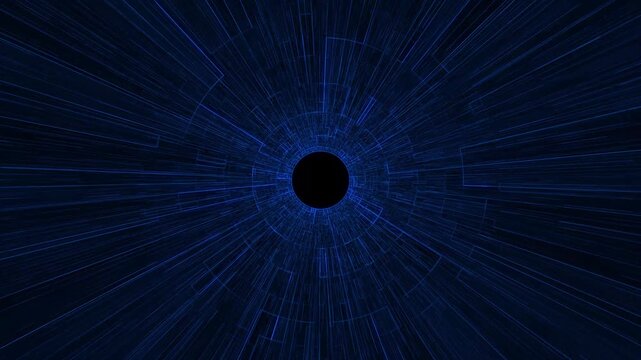 Blue abstract tunnel paths radiate from a dark terminal void. Intense spatial graphics elevate futuristic presentations effortlessly. Elegant blue light lines loop.