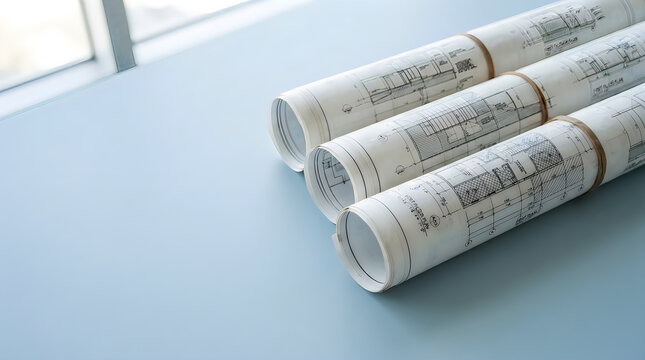 Architectural blueprints rolled and stacked near a window