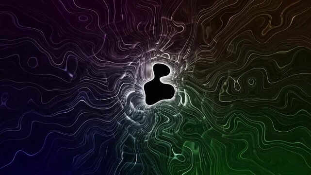 Swirling abstract colors warp around an intricate vector black hole. Topographic design lines map out intense digital gravity fields. Fluid graphics drift.