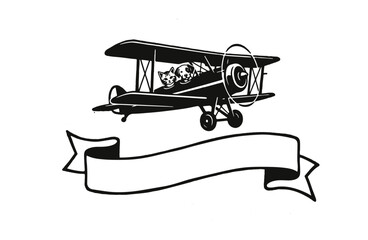 Vintage biplane vector illustration with blank ribbon banner, retro airplane flying with pilot and passenger, antique aviation emblem for logo design © TXPHIC