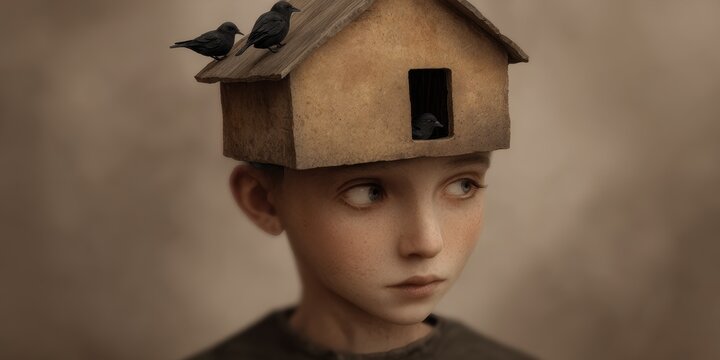Surreal Youth Portrait: Boy with Birdhouse Head, Birds Symbolizing Inner World & Thoughts