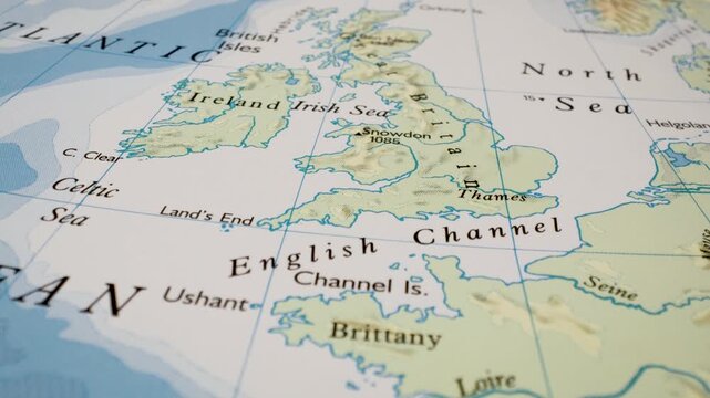 English Channel map journey, gliding aerial view over Western Europe maritime region