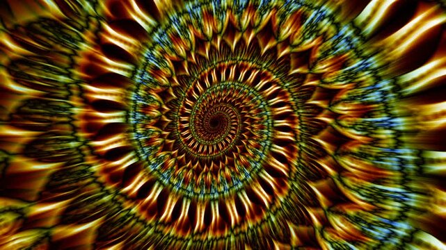 Seamless animation of a colorful mandala pattern swirl. Geometric graphic spiral with flare light.