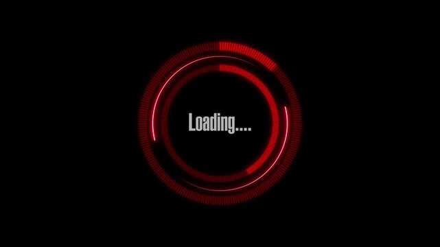 Red loading loops pulse brightly to highlight data buffer delays. Cyberpunk text overlays draw immediate attention on screen. Neon status indicators rotate.