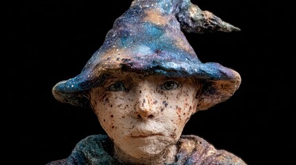 Fototapeta premium Textured Ceramic Wizard Sculpture with Galaxy Hat